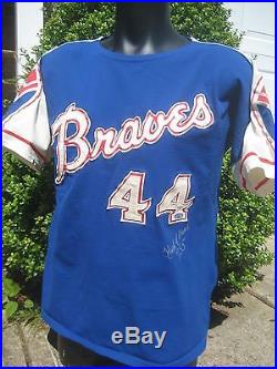 1973 Hank Aaron Atlanta Braves Sand Knit Road Jersey Autographed Steiner Mears
