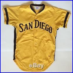 1973 SD Padres game used Hilton mustard yellow road jersey # changed 18 to 2