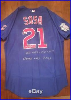 2002 Sammy Sosa Signed Blue Road Game Used HR Jersey Chicago Cubs with Sosa COA