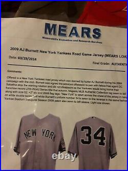 2009 NY YANKEES AJ Burnett Game Used Grey Jersey MEARS COA Opening Stadium Patch