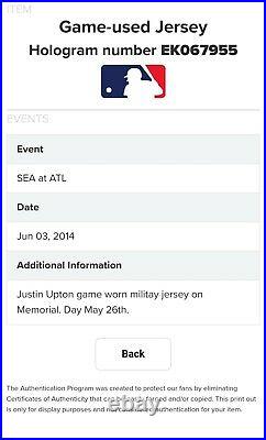 2014 Justin Upton Game Used Atlanta Braves Jersey! Angels! Tigers! Mlb Holo