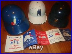 3 1970s GAME USED FIBERGLASS ABC VINTAGE BASEBALL BATTING HELMETS MONTREAL EXPOS