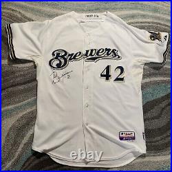 #42 2009 Brewers Game Used Jackie Robinson Day Home Jersey Bill Hall Autographed