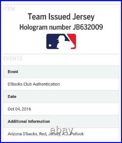 A. J. Pollock 2016 Arizona Diamondbacks Team Issued Jersey MLB Authenticated