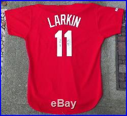 Barry Larkin Game Used Signed 1995 Cincinnati Reds Bp Jersey Mvp Year (damaged)