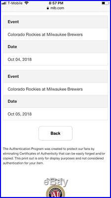 Carlos Gonzalez Post Season Used Vs Brewers Game 1 & 2 Colorado Rockies 2018 Hit