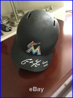 Christian Yelich game used game worn and autographed Marlins batting helmet