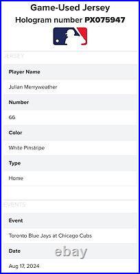 Cubs Julian Merryweather Game Used Jersey 1 IP, 0 ER, 1 K Vs Blue Jays 8/17/24