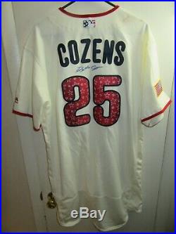 Dylan Cozens Phillies 2018 GAME USED STARS & STRIPES SIGNED JERSEY PHOTO MATCH