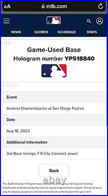 Game-Used 3rd Base 8/18/23 Padres Vs. D'Backs FERNANDO TATIS Jr. Career HR #101
