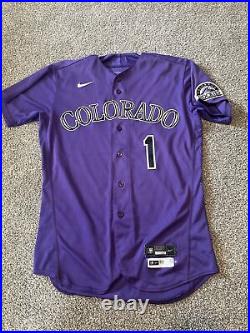 Garrett Hampson Colorado Rockies Game Issued Jersey 2022 Shows Use