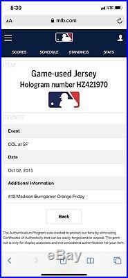 Giants Game Used Jersey 2015 Madison Bumgarner Orange Home Alternate MLB Auth