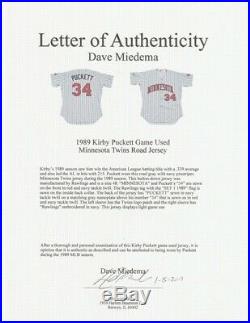 Kirby Puckett Minnesota Twins Game Used Worn Jersey 1989 LOA
