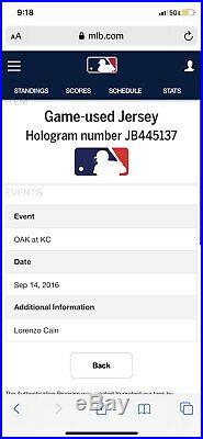 Lorenzo Cain MLB game used Jersey (MLB hologram September 14,2016)