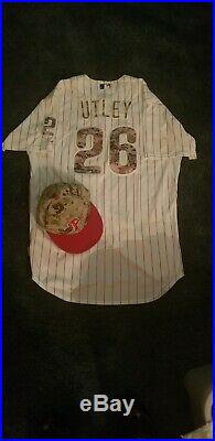 Phillies Game Used Worn 2014 Chase Utley Jersey & Hat Camo Memorial Day MLB HOLO