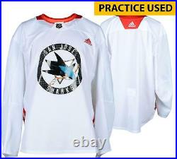 SJ Sharks Practice-Used White Adidas Jersey from Practice of the 2017-18 Season