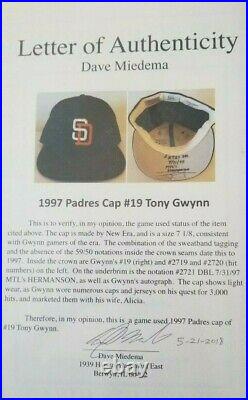 Tony Gwynn Hits 2719-2721, Auto'd game worn 1997 cap, Gwynn & Miedema auth'd
