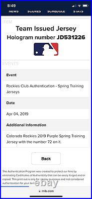 Yonathan Daza 2019 Spring Training Colorado Rockies Game Issued Jersey